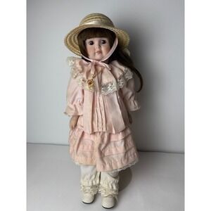 Vintage Porcelain Marie Osmond Doll w Stand Ruffled Dress Straw Hat Collectible